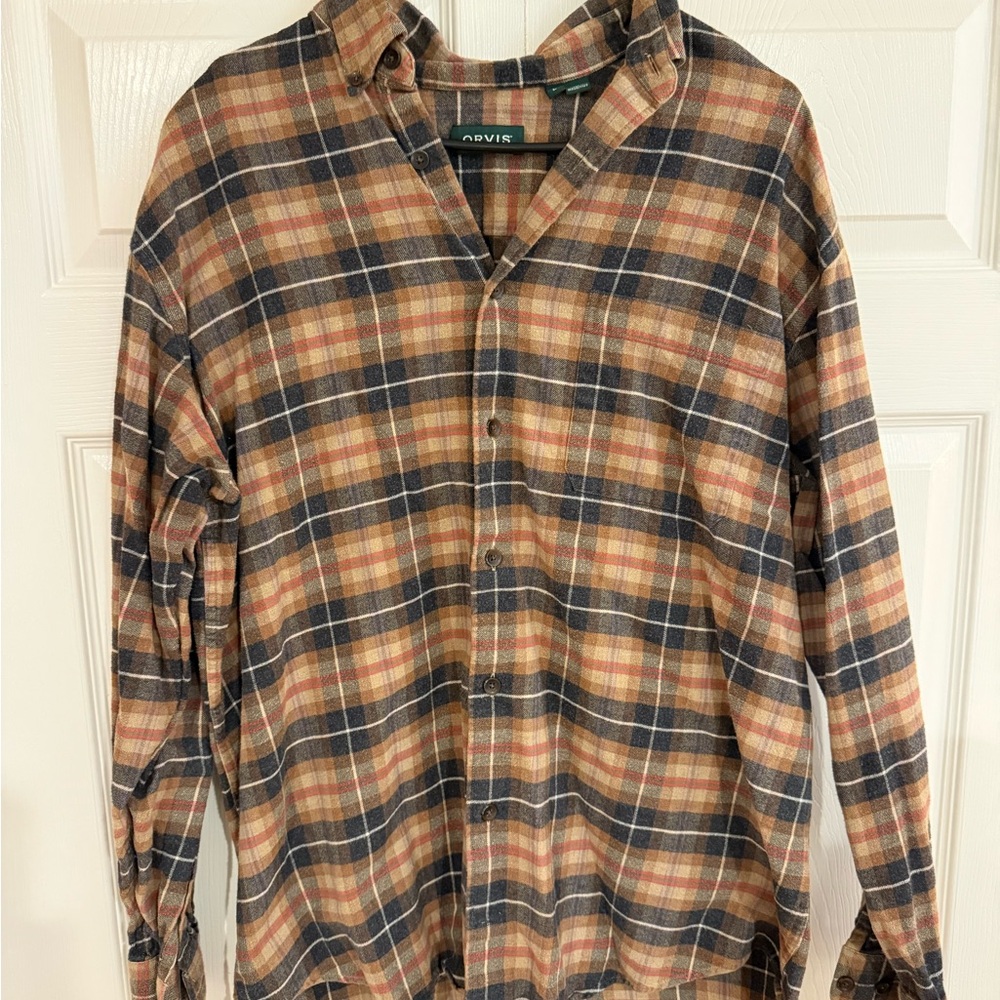Orvis Men's Casual Plaid Shirt - Tan and Blue/Flannel